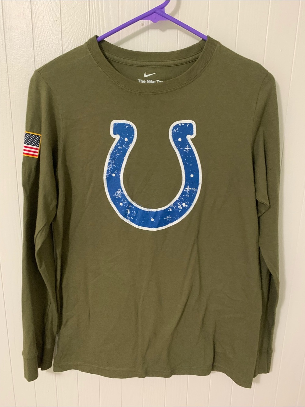 Nike Green Indianapolis Colts Long Sleeve Shirt with Blue Horseshoe Graphic